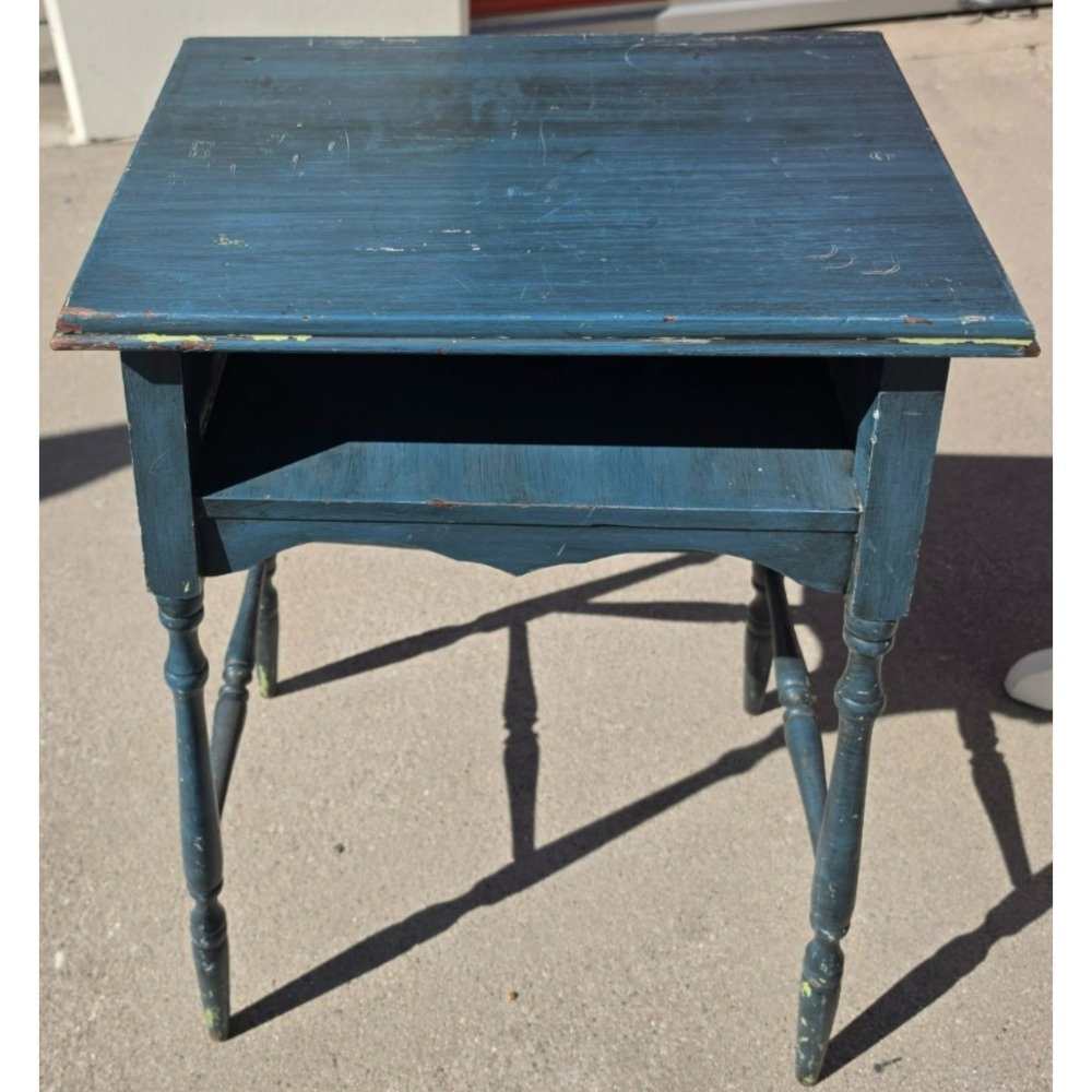 Vintage Handcrafted Wooden Table Side Stand with Open Lower Shelf Rustic Blue